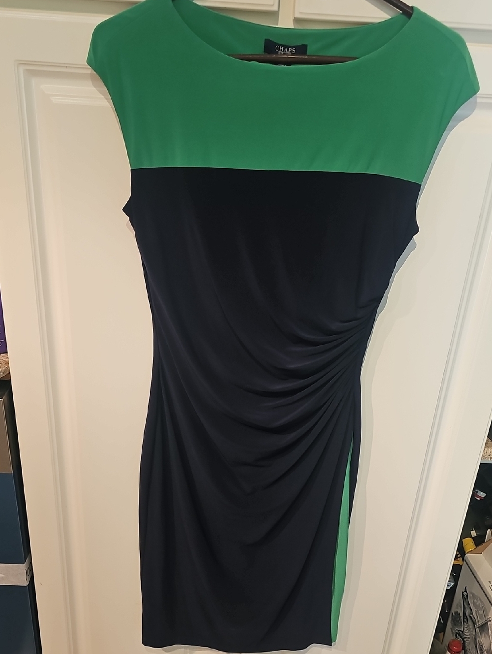 Chaps Green and Navy Ruched Sheath Dress